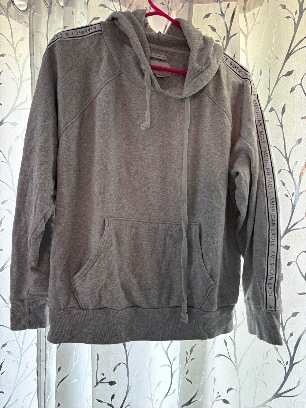 American Eagle Light Gray Pullover Hoodie with Logo Sleeve Tape